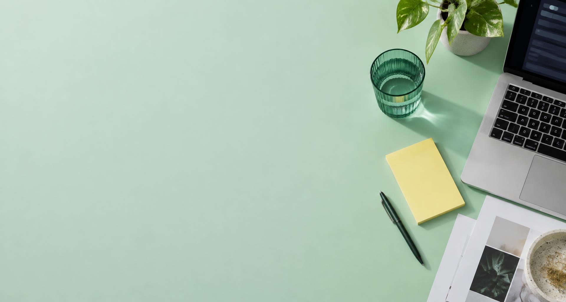 A creative business workspace with a laptop, notebook and a glass of water
